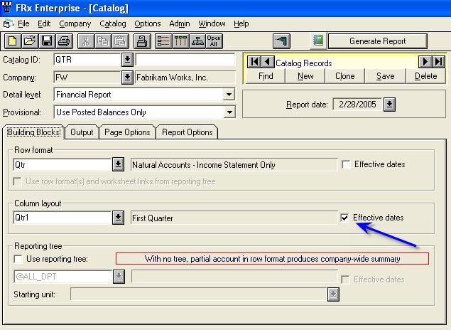 Choose effective dates in the FRx catalog for quarter to date reporting