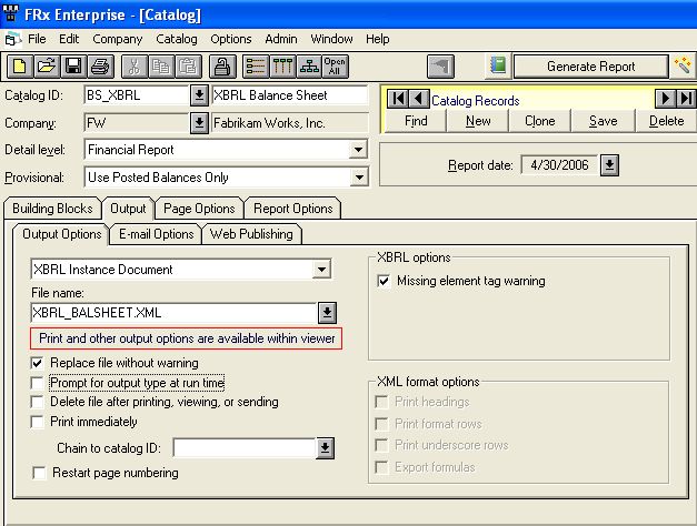 FRx catalog with output type XBRL