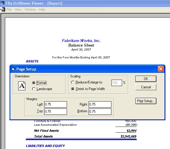 Page setup in the FRx drilldown viewer